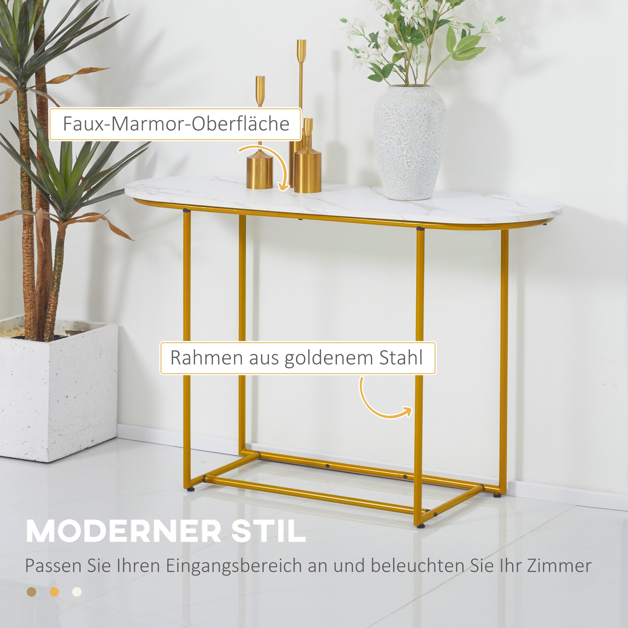 HOMCOM Konsolentisch mit Stahlrahmen weiß, gold 120L x 40B x 75H cm