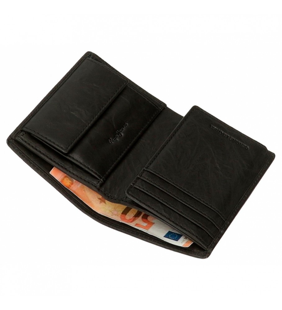 Carteira vertical Pepe Jeans em couro, com porta-moedas, preta - 8,5 x 11,5 x 1 cm -