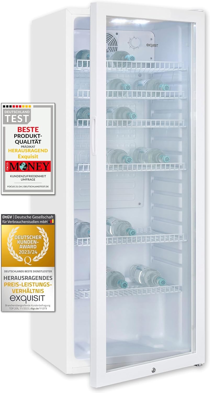 Exquisit Glastürkühlschrank GKS240-GT-160C weiss | Nutzinhalt: 237 L | Türschloss | 6 Gitterablagen | Umluftventilator | Standgerät