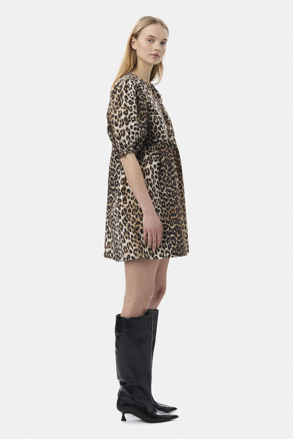 Ganni Printed Cotton Tie String Mini Dres Leopard