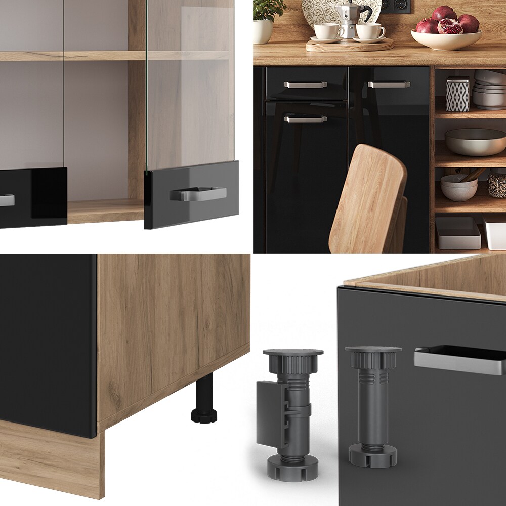 Vicco Küchenzeile R-Line Solid Eiche Schwarz 240 cm modern Küchenschränke Küchenmöbel