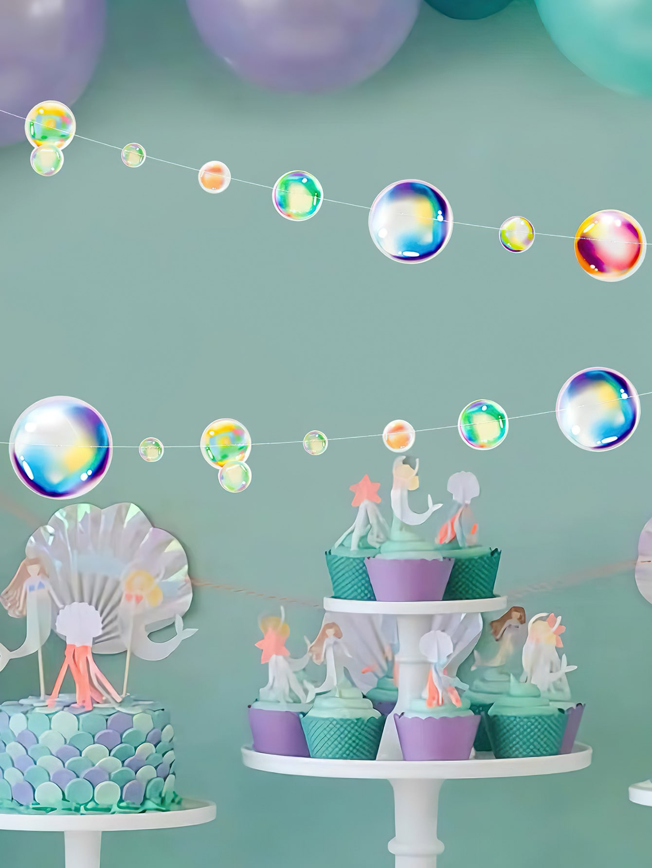 (2m) Bubble Girlande Meerjungfrauen Party Dekoration Wasserblasen Accessoire Banner - Dunkelblau / Grün