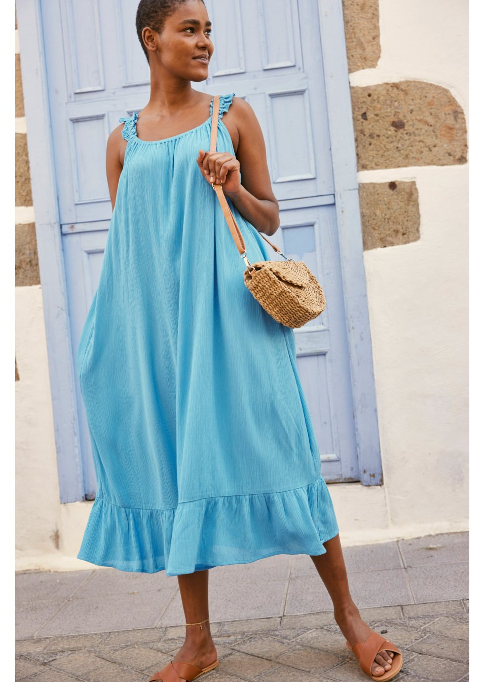 Robe en viscose froissée avec poches