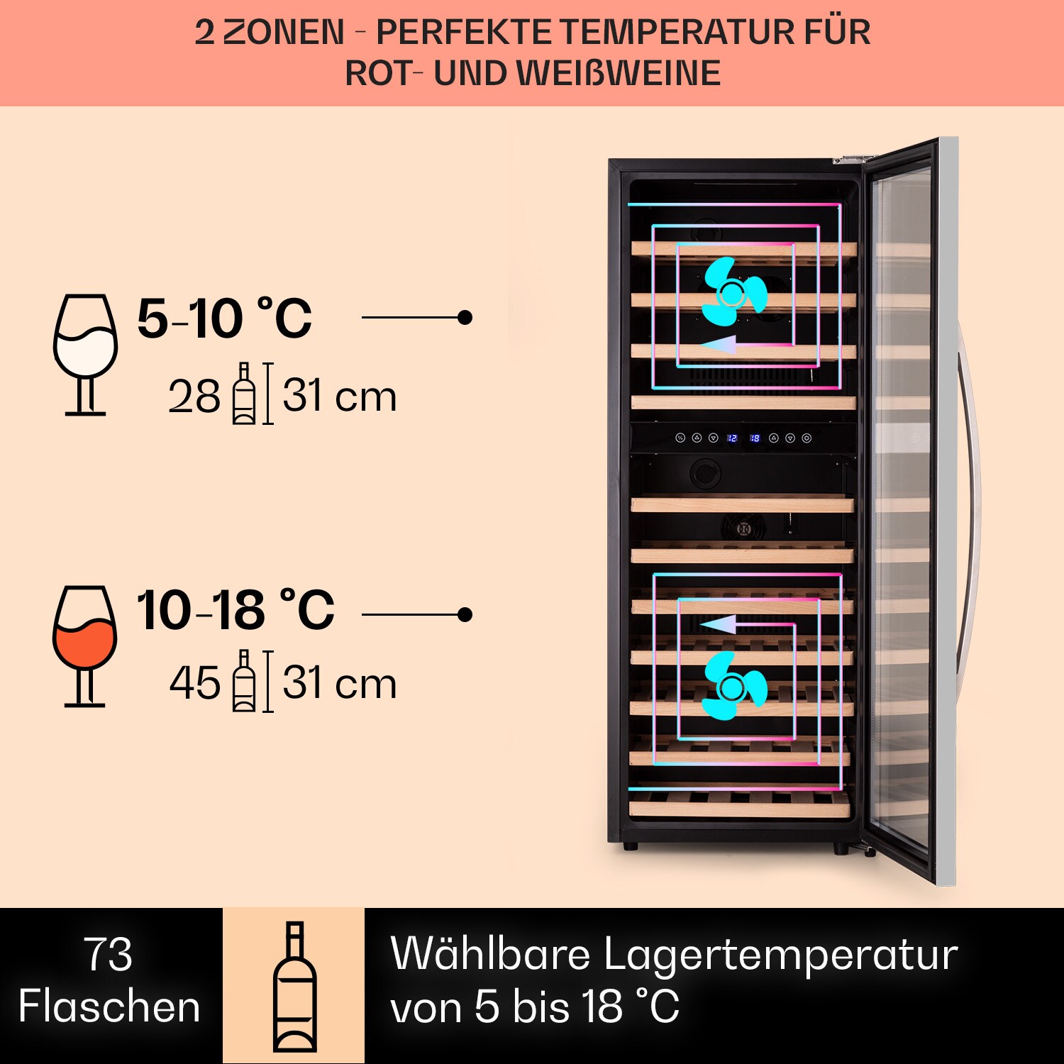 Vinamour 73 Duo Weinkühlschrank 2 Zonen 192 L/73 Flaschen 5-18°C Touch 73 Liter 2 Kühlzonen