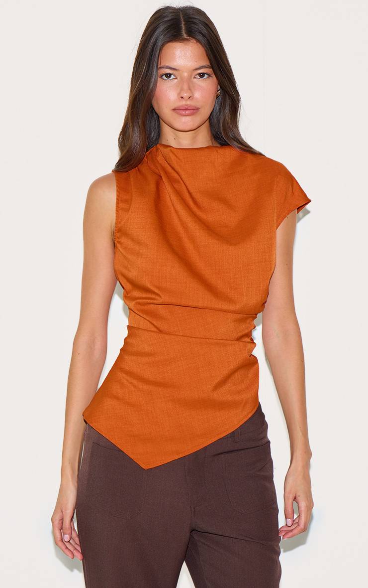Rouille Haut Long Asymétrique Froncé En Tissu Tissé