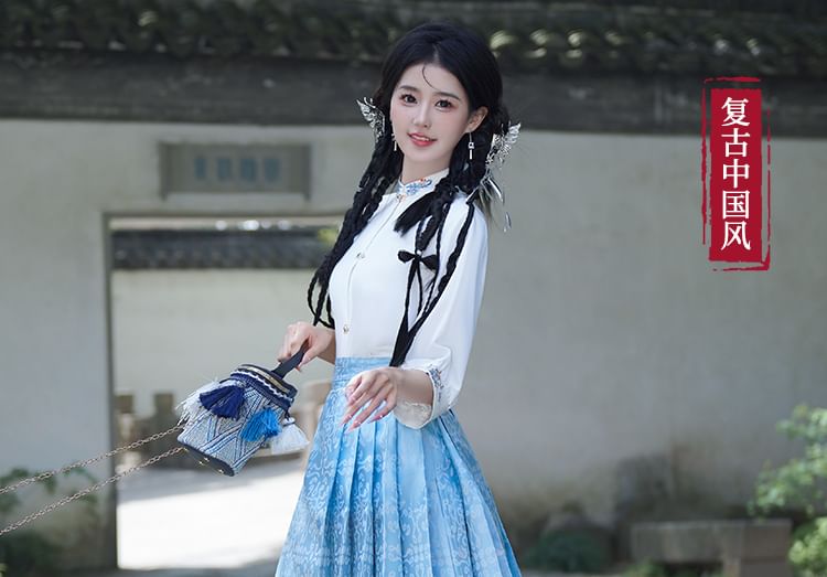 Fioridi - Hanfu-top met elleboogmouwen, bloemenborduursel en knoopjes / Midi-rok met hoge taille en feniksprint
