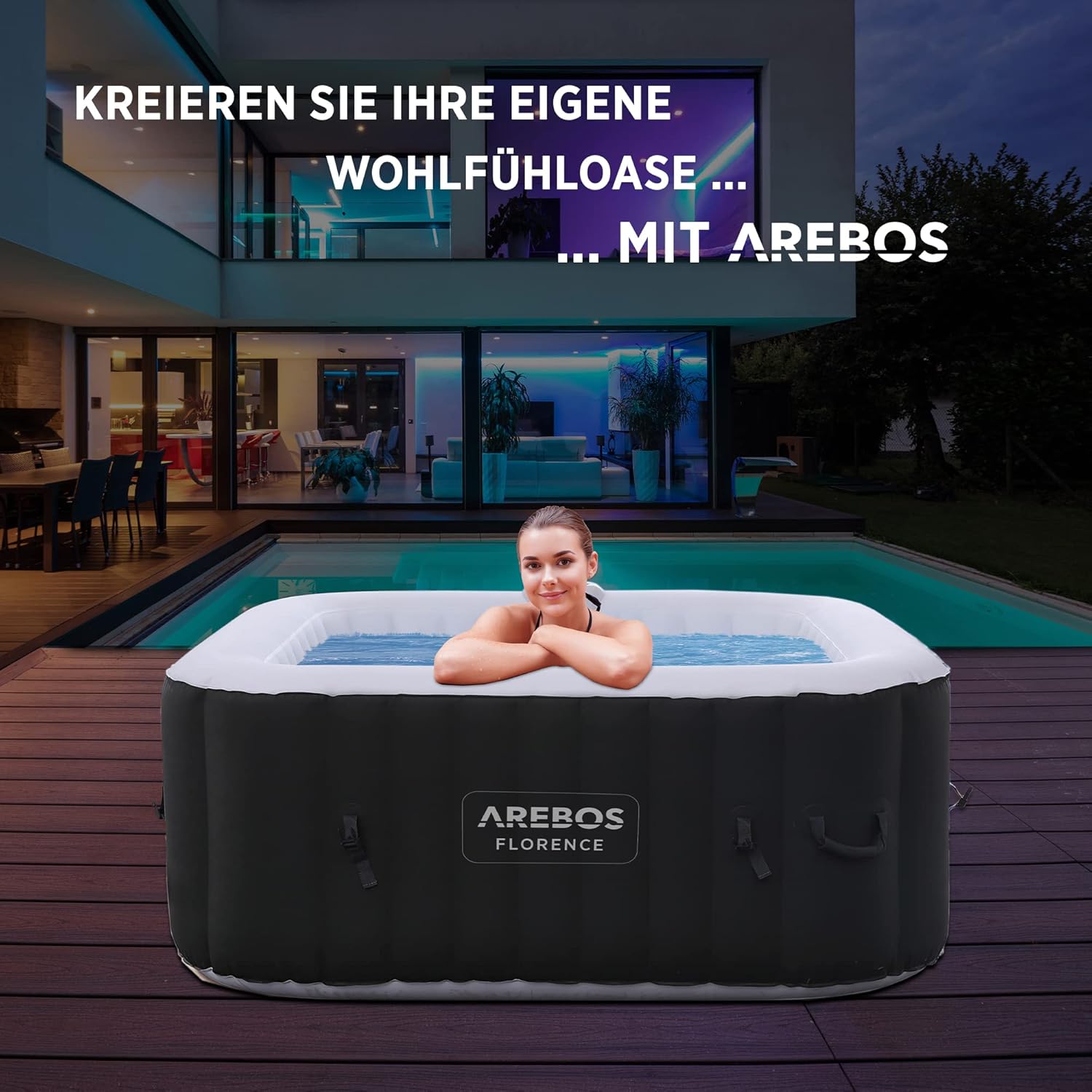 Arebos Aufblasbarer Spa Pool | für drinnen und draußen | Whirlpool 4 Personen | 154x154cm | 100 Massagedüsen | Wellness Spa Heizung | Aufblasbare Massage Quadrat | 600 Liter