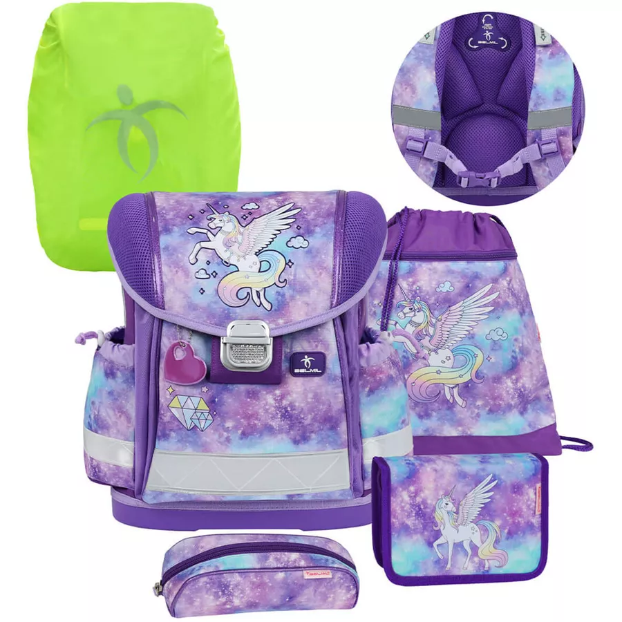 Belmil Schulranzen Classy Schulranzen Set 5-teilig mit Brustgurt Diamond Unicorn