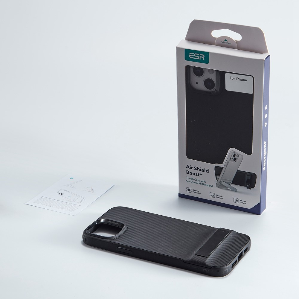 iPhone 14 Air Shield Boost Serie Hybrid Hülle TPU Bumper Acryl Rückseite Air Cushion Fallschutz   Kickstand - Schwarz