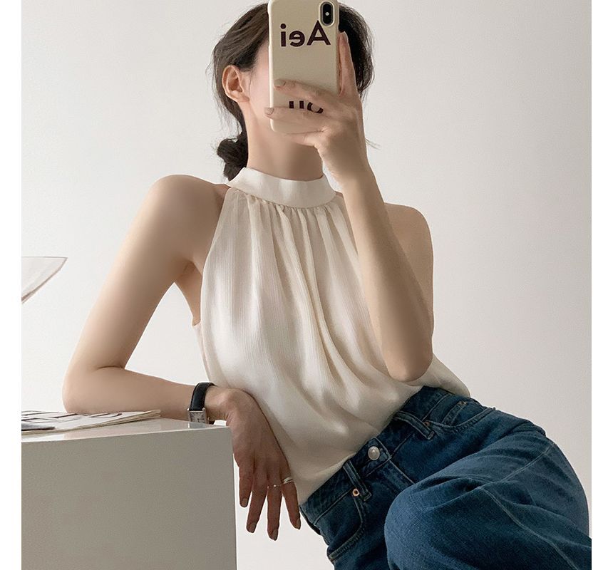 Bamela - Mouwloze blouse met col en effen kleur