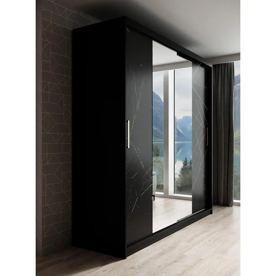 Meubella - Kledingkast Marmer 2 - Zwart - 200 cm - Met spiegel