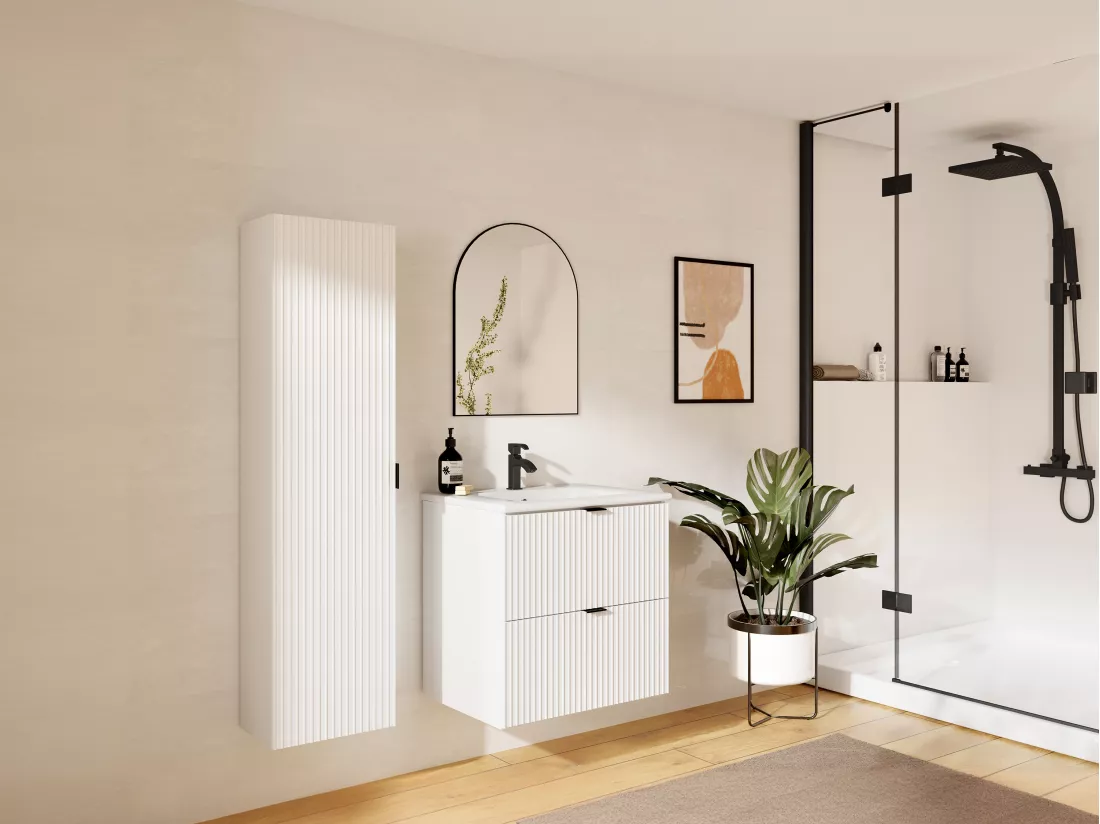 Meuble de salle de bain suspendu strié avec vasque à encastrer et colonne - Blanc mat - 60 cm - ZEVINI