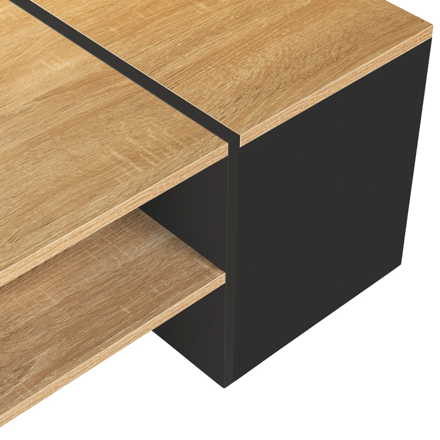 Table basse bar contemporaine rectangulaire IZIA avec coffre noir et plateaux bois