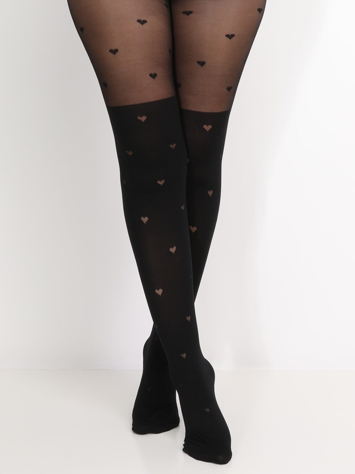 Collants effet bas à motif cœurs- Noir