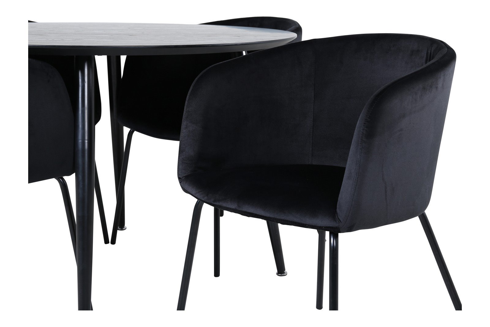 Dipp og Berit Spisegruppe Dipp rundt spisebord ø115cm i sort finér med 4 stk. Berit med arm spisestoler i Sort fløyel og sorte ben.