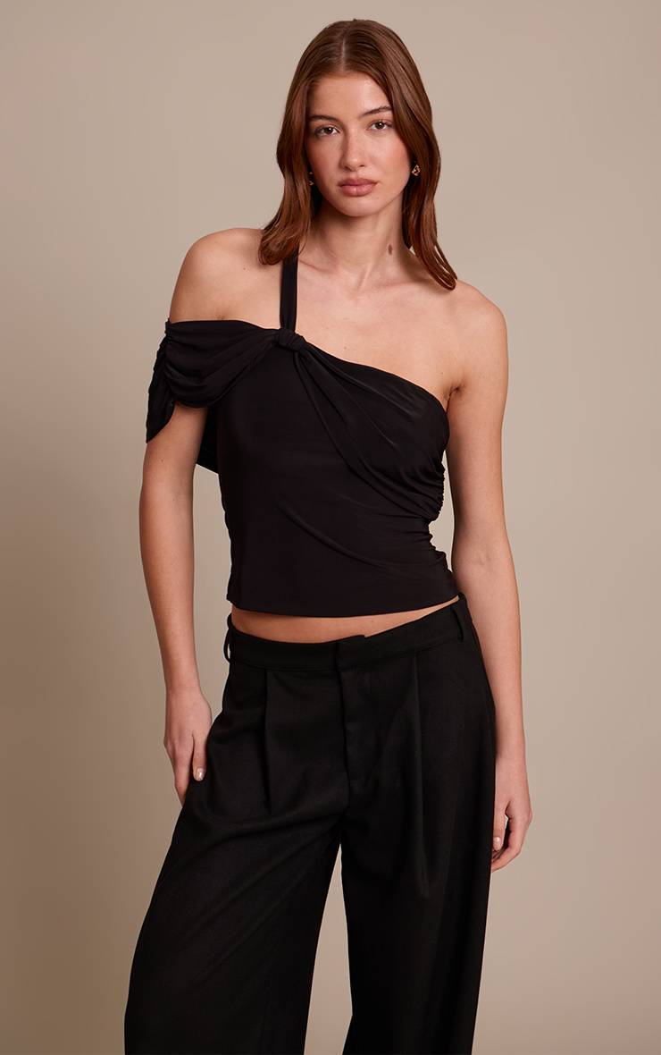 Noir Haut À Détail De Manche Abstraite En Tissu Slinky Double Couche