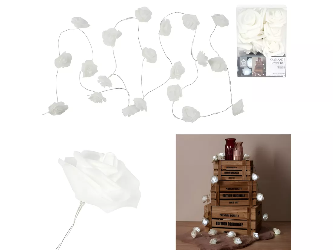 Guirlande avec 20 roses lumineuses - Blanc - L 350 cm