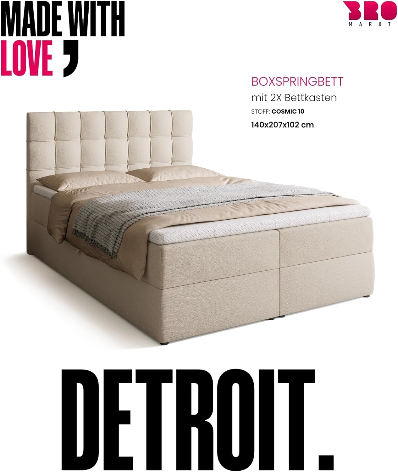 BROMARKT Boxspringbett mit Bonell Matratze und Bettkasten Doppelbett mit Topper 140x200cm Härtegrad H3 Bett für Schlafzimmer gepolsterte Kopfstütze Detroit Beige