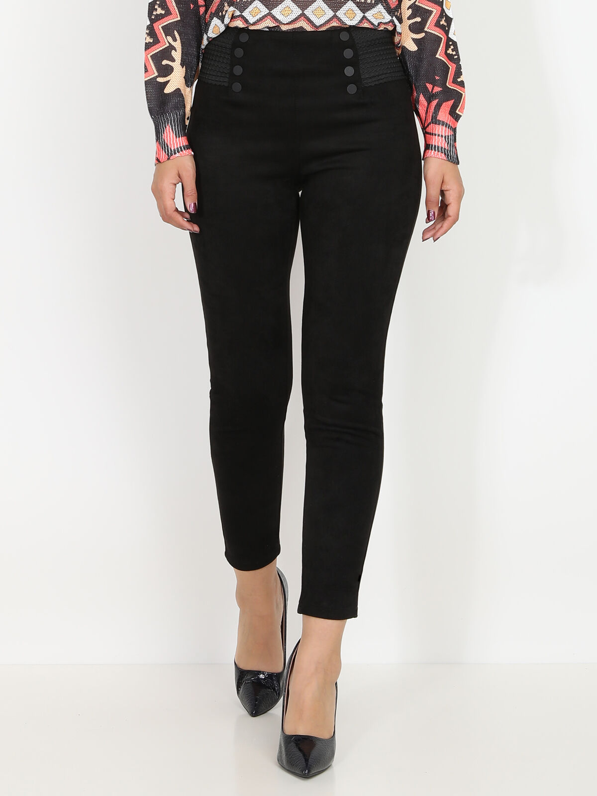 Legging en suédine à boutons- Noir