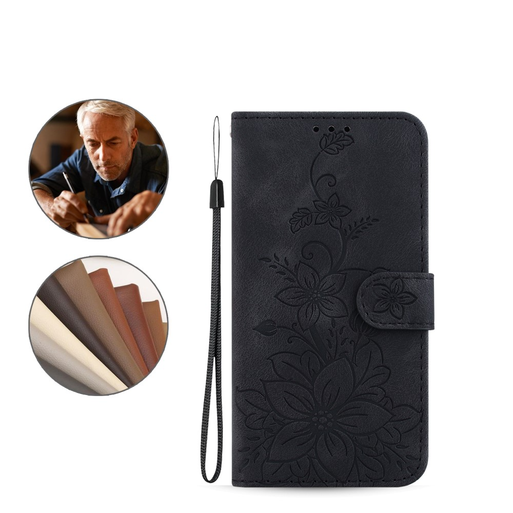 Samsung Galaxy S25 Ultra Leder Tasche Wallet - Blumen Imprint - Schwarz