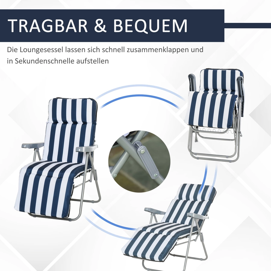 Outsunny Gartenstühle mit verstellbarer Rückenlehne und Polster blau-weiß