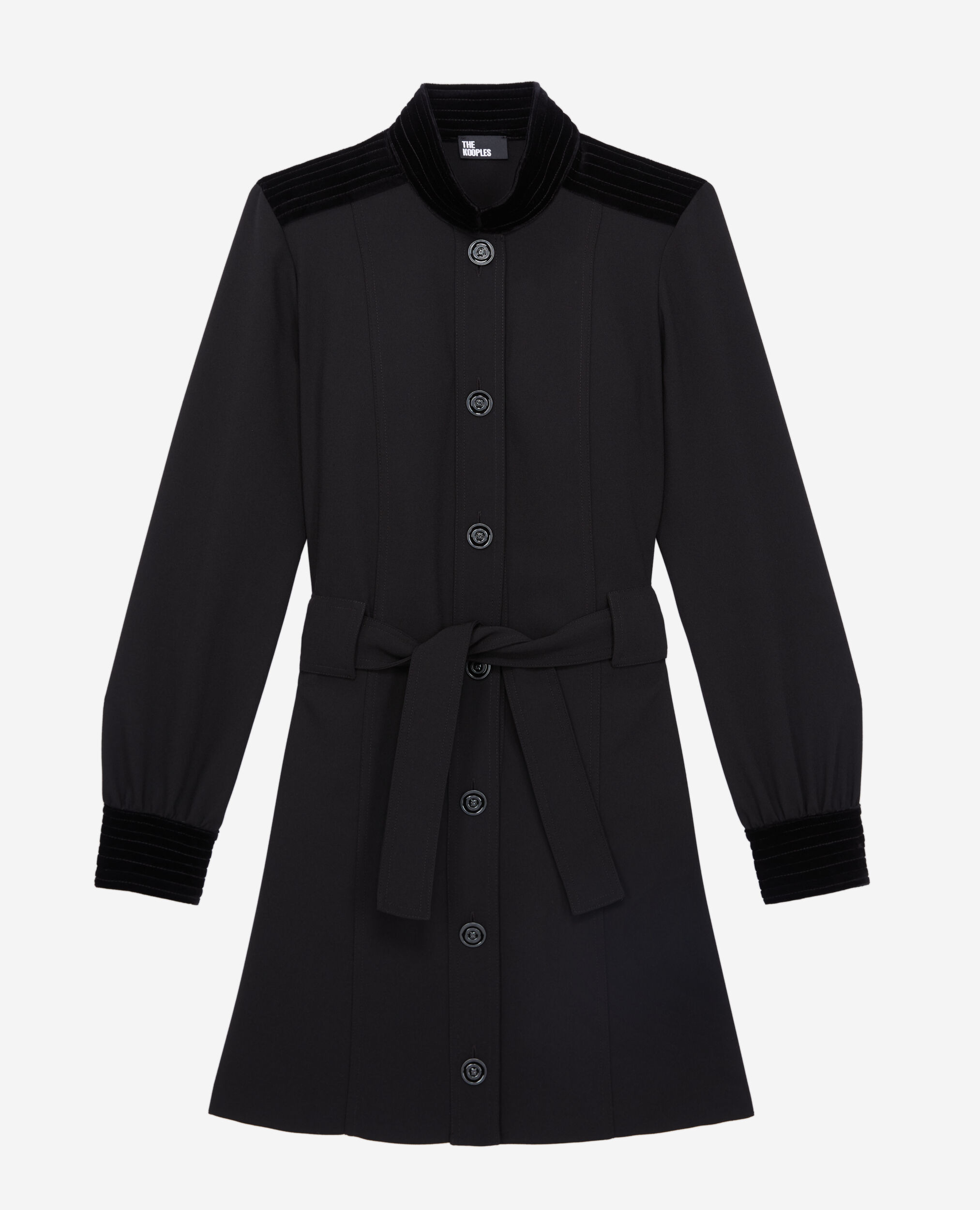 Robe courte noire en crêpe avec détails en velours