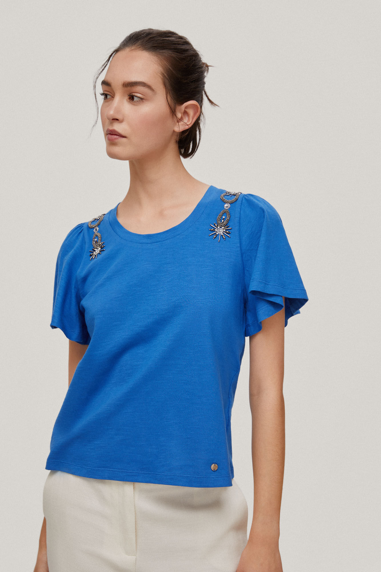 Camiseta de manga curta com strass - Turquesa