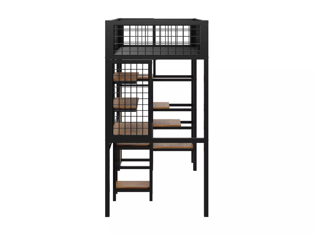 Lit mezzanine 90 x 200 cm avec armoire, éscalier, bureau, étagères de rangement, tout-en-un - cadre en métal - noir