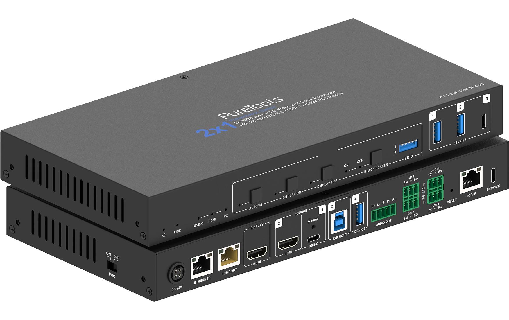 Switcher PT-PSW-21KVM-40G 2x1, HDMI/USB-C, HDBT, HDMI, 5K<br>PureTools - 2x1 5K HDBT Präsentations-Switch - 5K HDBaseT V3.0 Video- und Datenverlängerung mit HDMI/USB-B & USB-C (100W PD) Eingängen