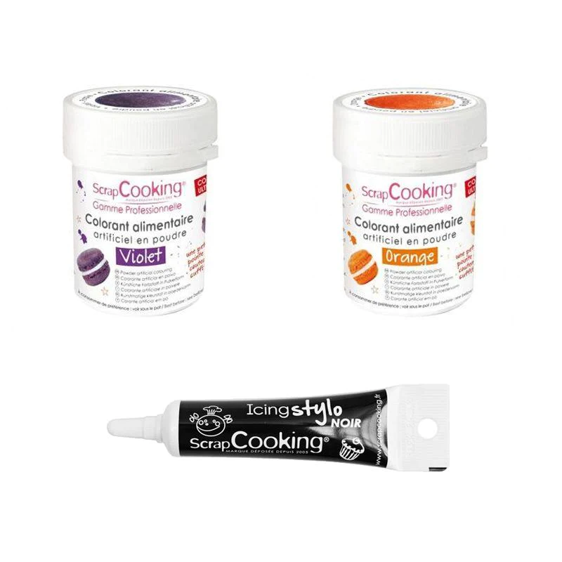 2 colorants alimentaires orange-violet + Stylo glaçage noir Scrapcooki
