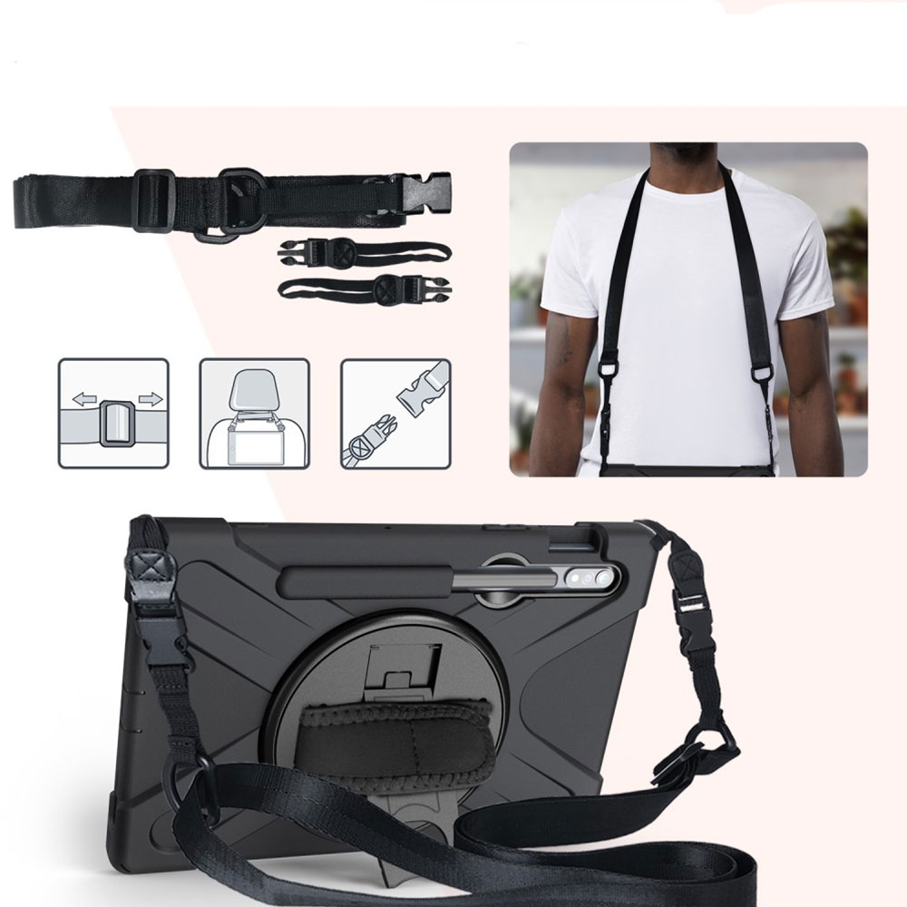 Samsung Galaxy Tab S8 / Tab S7 Hybrid Outdoor Silikon Case Hülle mit Aufsteller Handschlaufe Schultergurt   S-Pen Halterung - Schwarz