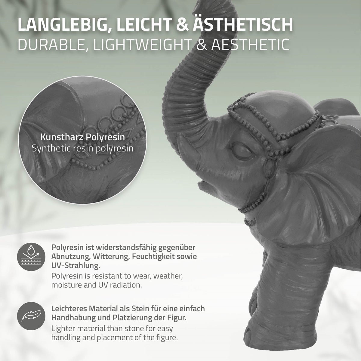 ML-Design Decoratief Olifantenbeeldje, Grijs, 36x19x39 cm, Oosterse Afwerking, Weerbestendig, Voor Binnen & Buiten, Geluks Olifantenbeeldje als Cadeau, Feng Shui Sculptuur, Rijkdomsbeeldje, Tuindecoratie, Kamerdecoratie