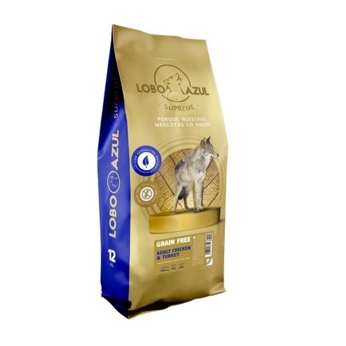 Ração Lobo Azul sem grãos, sabor natural de frango e peru, para cães adultos.