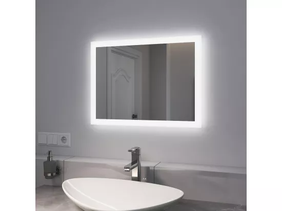 EMKE Miroir lumineux salle de bain 60x45cm, Miroir LED avec Interrupteur à bouton, Anti-buée, Miroir avec éclairage lumière Blanche Froide/Chaude