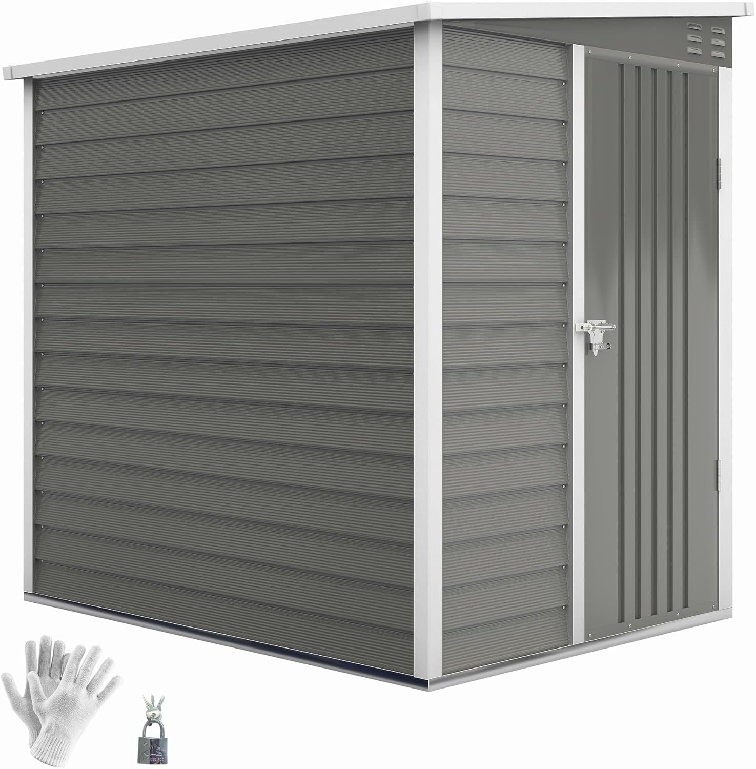 Outsunny Metall Gerätehaus 142x184x181cm 2,3m² Gartenhaus mit Pultdach Handschuhe Fundament wetterfest Outdoor Garten Schuppen mit Schloss Fenster Geräteschuppen für Hinterhof Garten Hellgrau