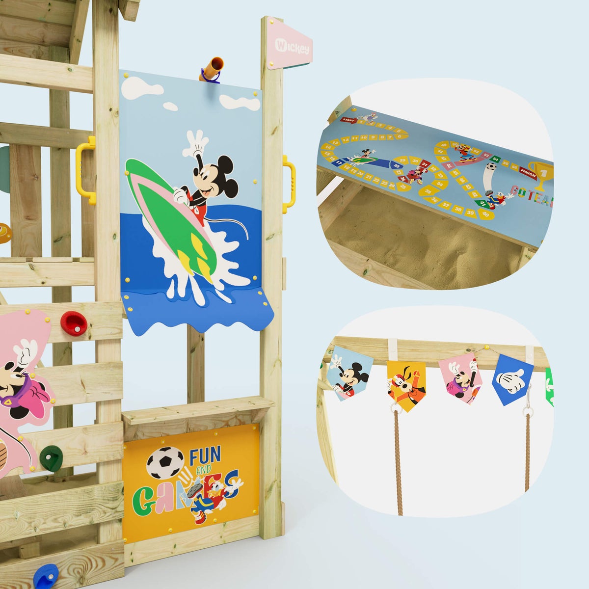 WICKEY Disney Mickey Mouse en Vrienden Avonturen Speeltoren met Glijbaan en Dubbele Schommel