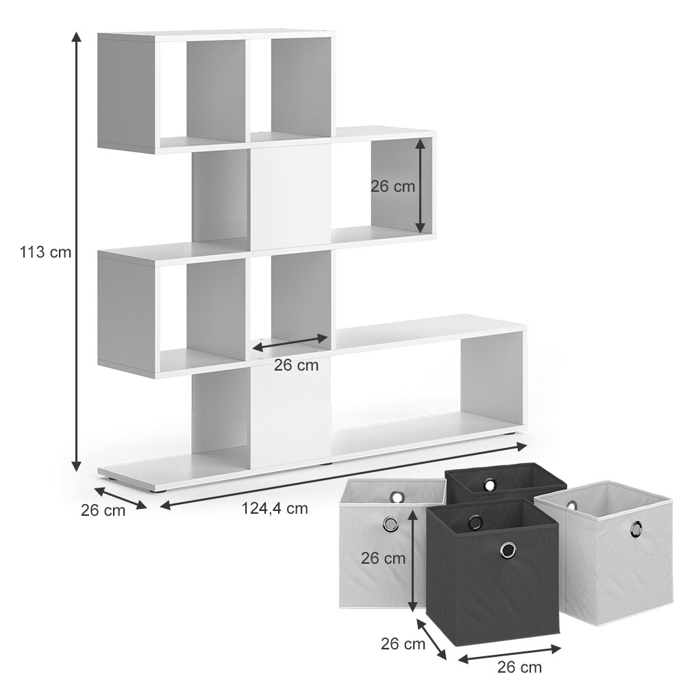 Vicco Raumteiler Hylda 124,4 x 113 cm, Standregal weiß mit 4 Faltboxen