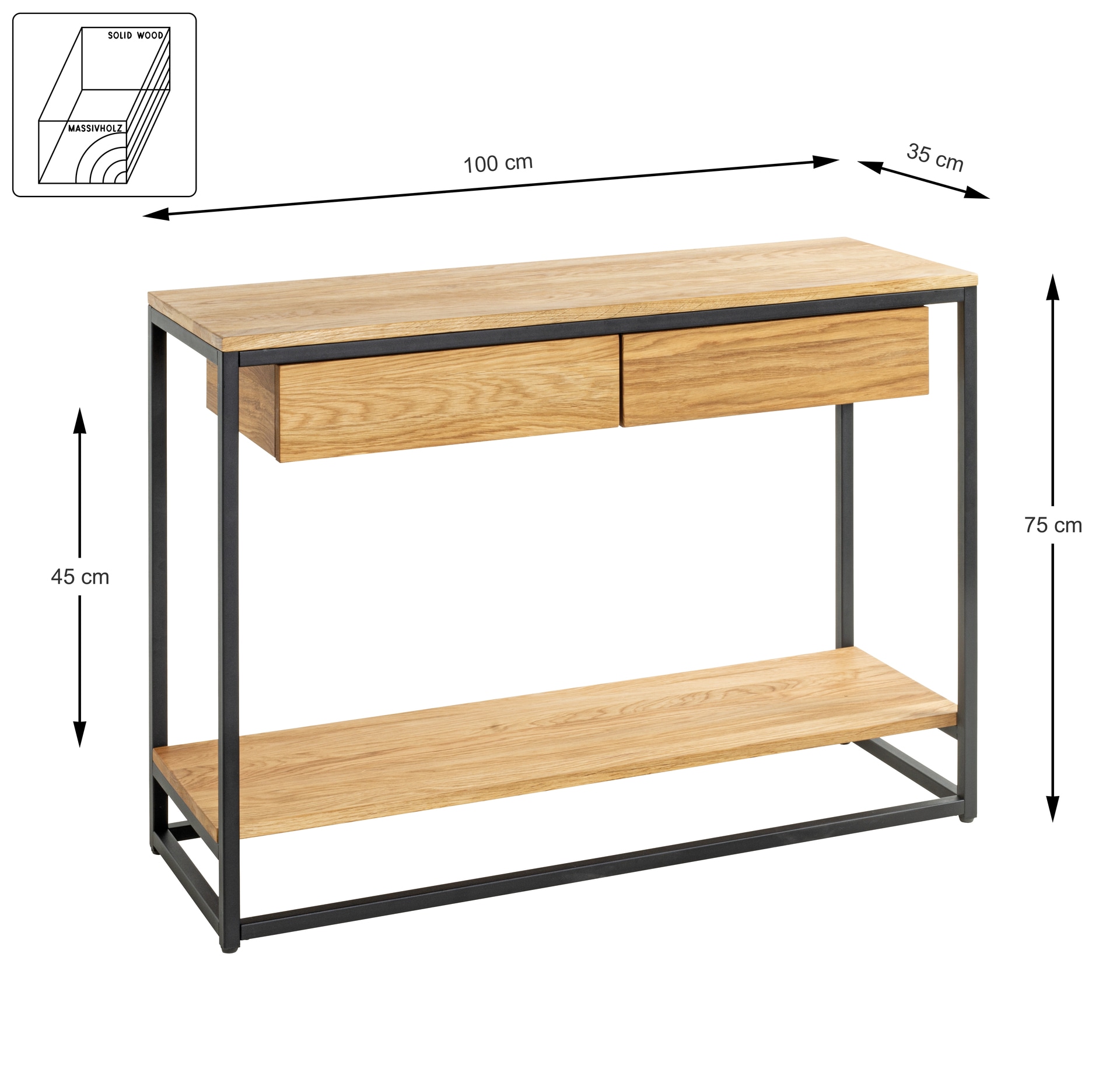 Konsole 100cm Eiche massiv/schwarz