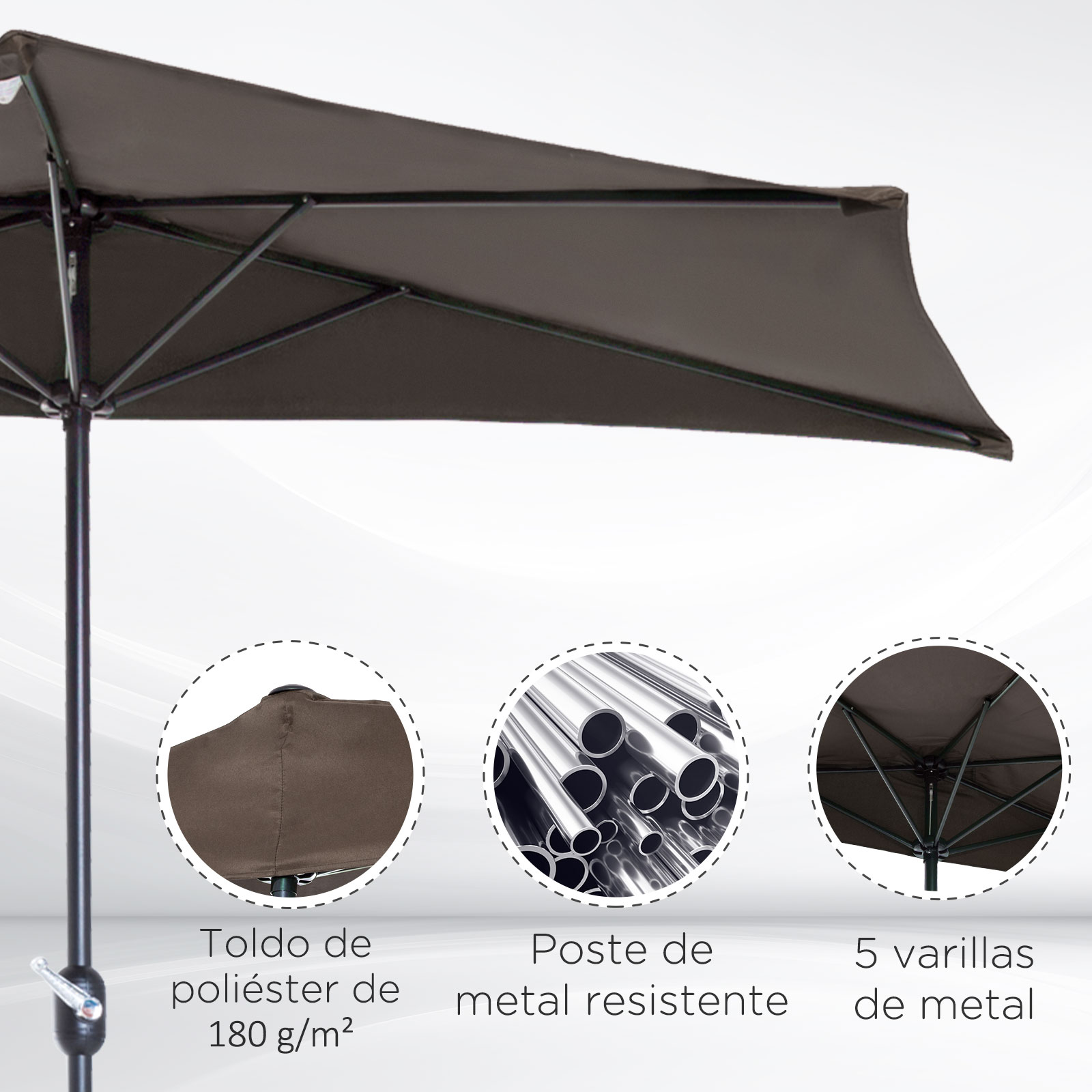 Guarda-sol de jardim Outsunny 269x138x236 cm com manivela e formato semicircular para terraço, pátio, piscina e café ao ar livre.