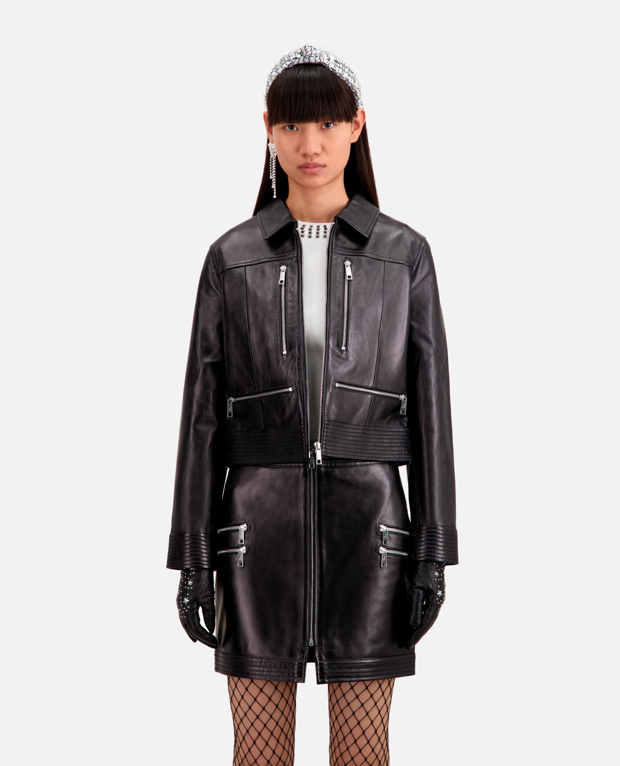 Black leather biker jacket with zipper