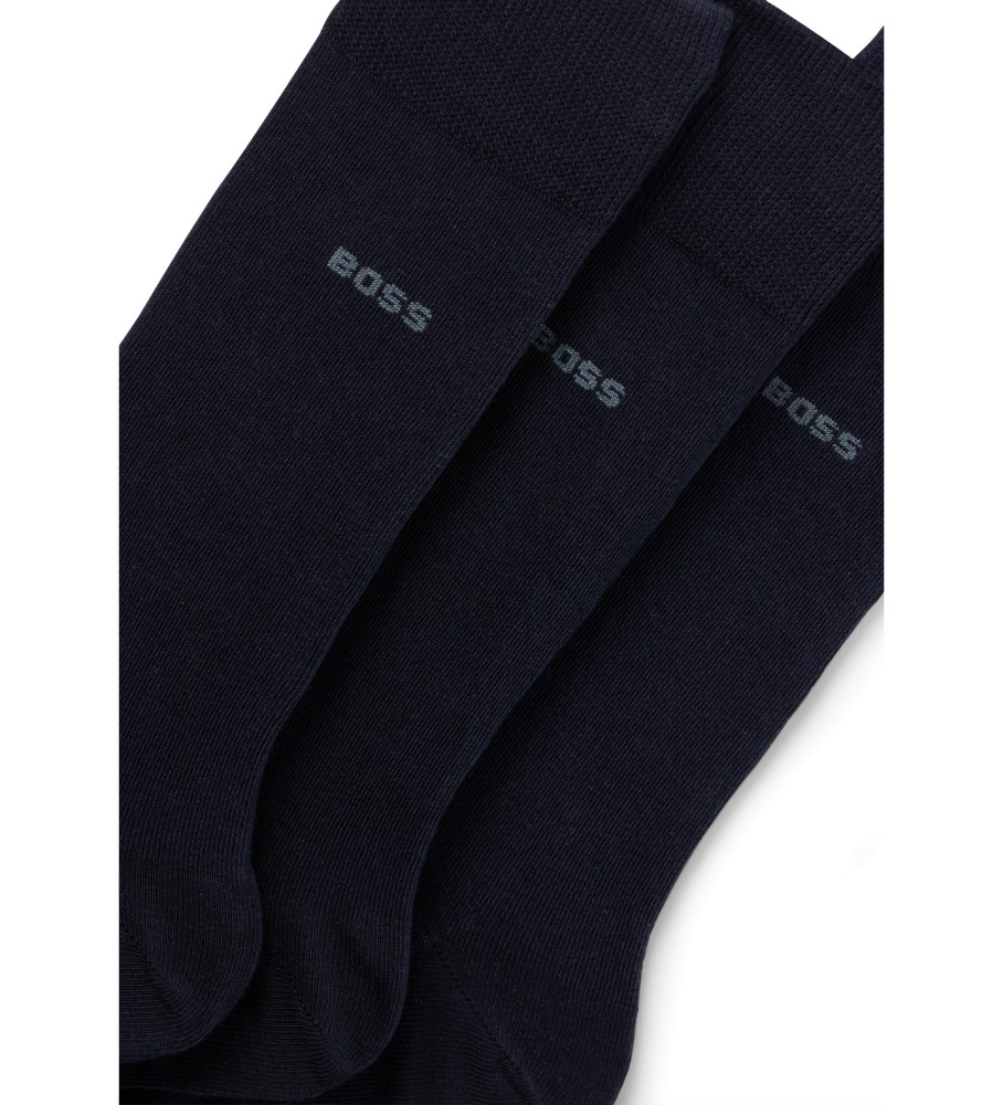 Pacote com 3 pares de meias longas padrão BOSS na cor azul marinho