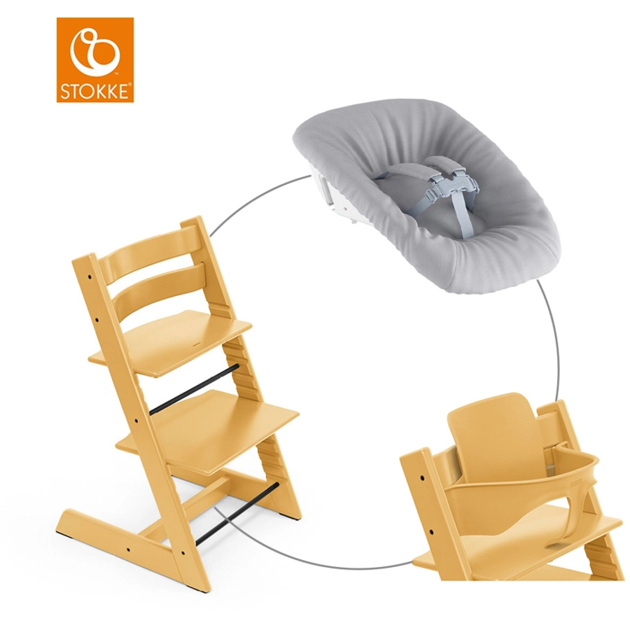 STOKKE® Mega Tripp Trapp® Set Hochstuhl Buche Sunflower Yellow inkl. Newborn Set™ Grey und Baby Set Sunflower Yellow