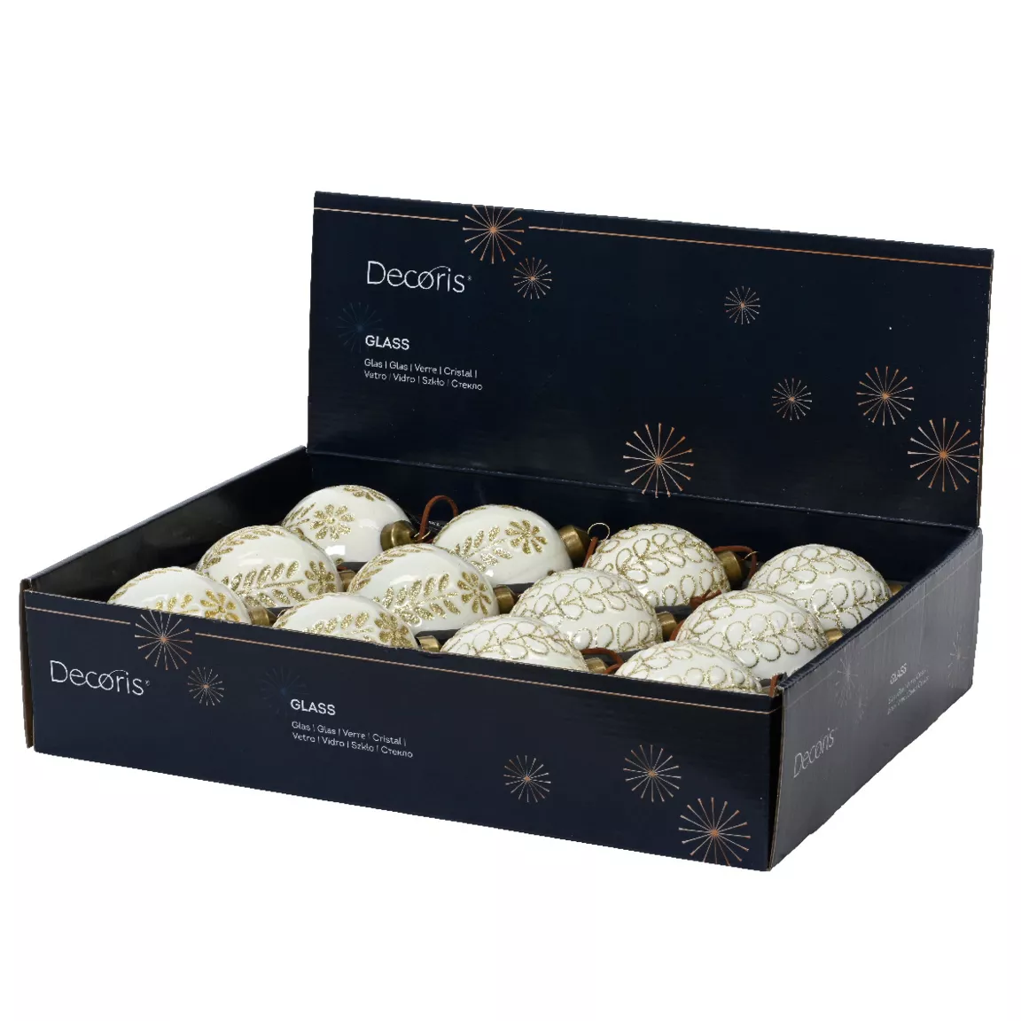 Lot de 12 boules de Noël en verre (D80 mm) Ornements Blanc laine et or