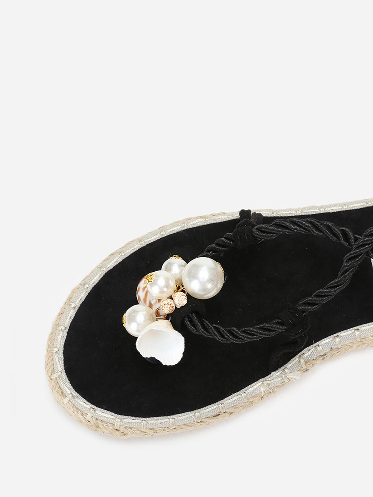 Nu-pieds en suédine à perles et coquillages- Noir