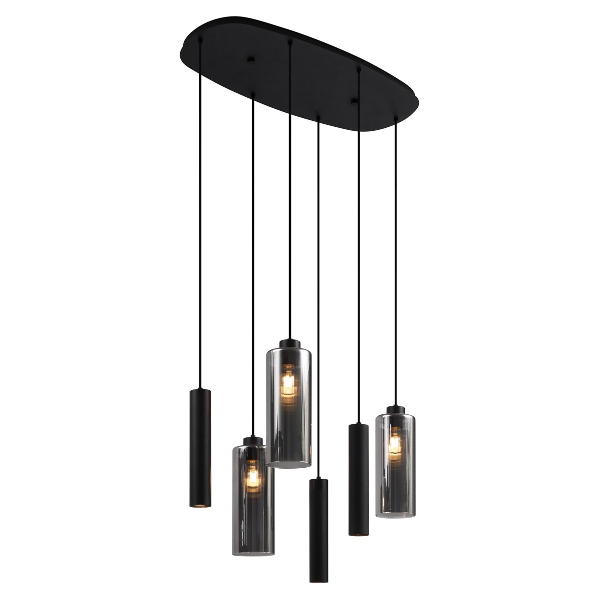 Moderne hanglamp zwart met smoke glas 6-lichts - Duplantis