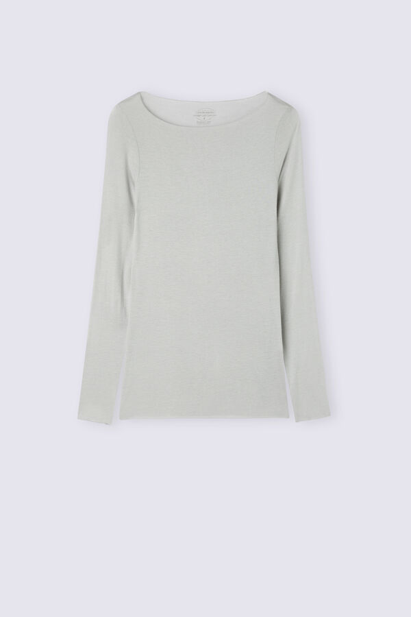 Camiseta de manga comprida ultraleve com decote canoa em cashmere modal