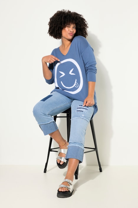 Pullover, oversized, Smiley, V-Ausschnitt, Langarm