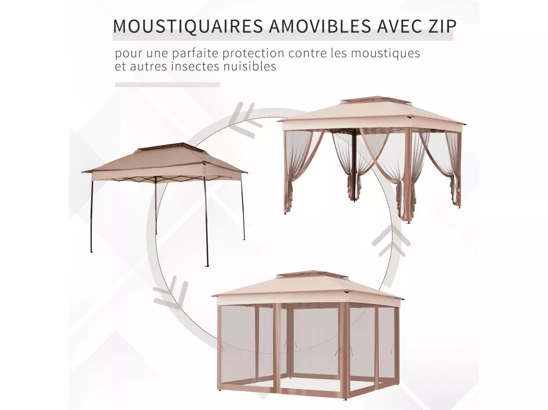 Tonnelle barnum de jardin pop-up pliant 3,25L x 3,25l x 2,65H m acier polyester moustiquaires + sac de transport café