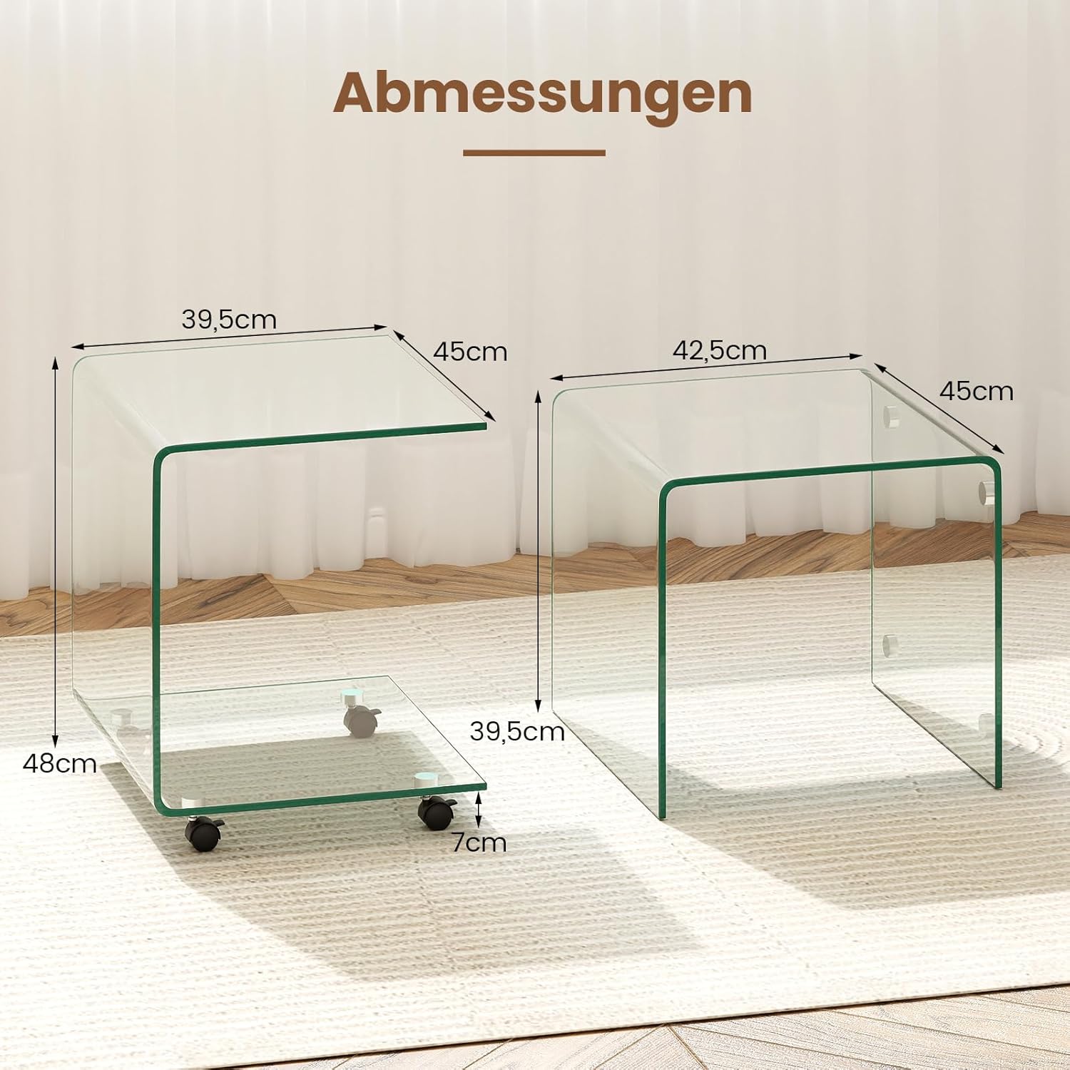COSTWAY Beistelltisch aus gehärtetem Glas mit Rollen, Glastisch C-Form, Nachttisch, Sofatisch, Kaffeetisch für Wohnzimmer, Schlafzimmer, 45 x 40 x 48 cm (Transparent)