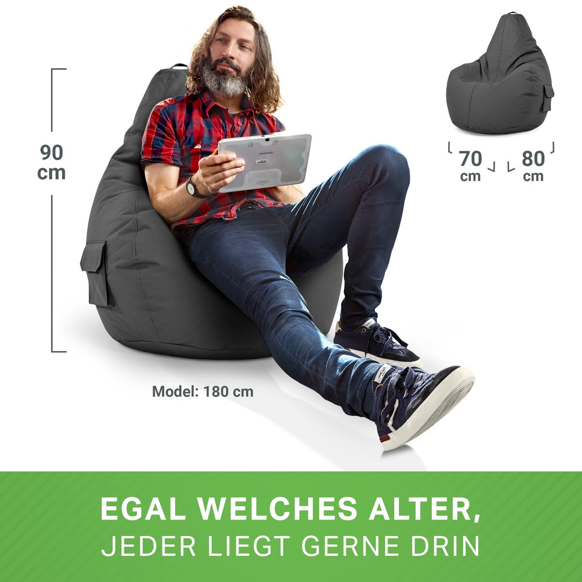 Green Bean Zitzak met rugleuning 80x70x90cm - Gaming stoel met 230L vulling, comfortabel, zacht, wasbaar - Zitzak vloerkussen, loungestoel, voetenbank, relaxstoel, gamerstoel, antraciet